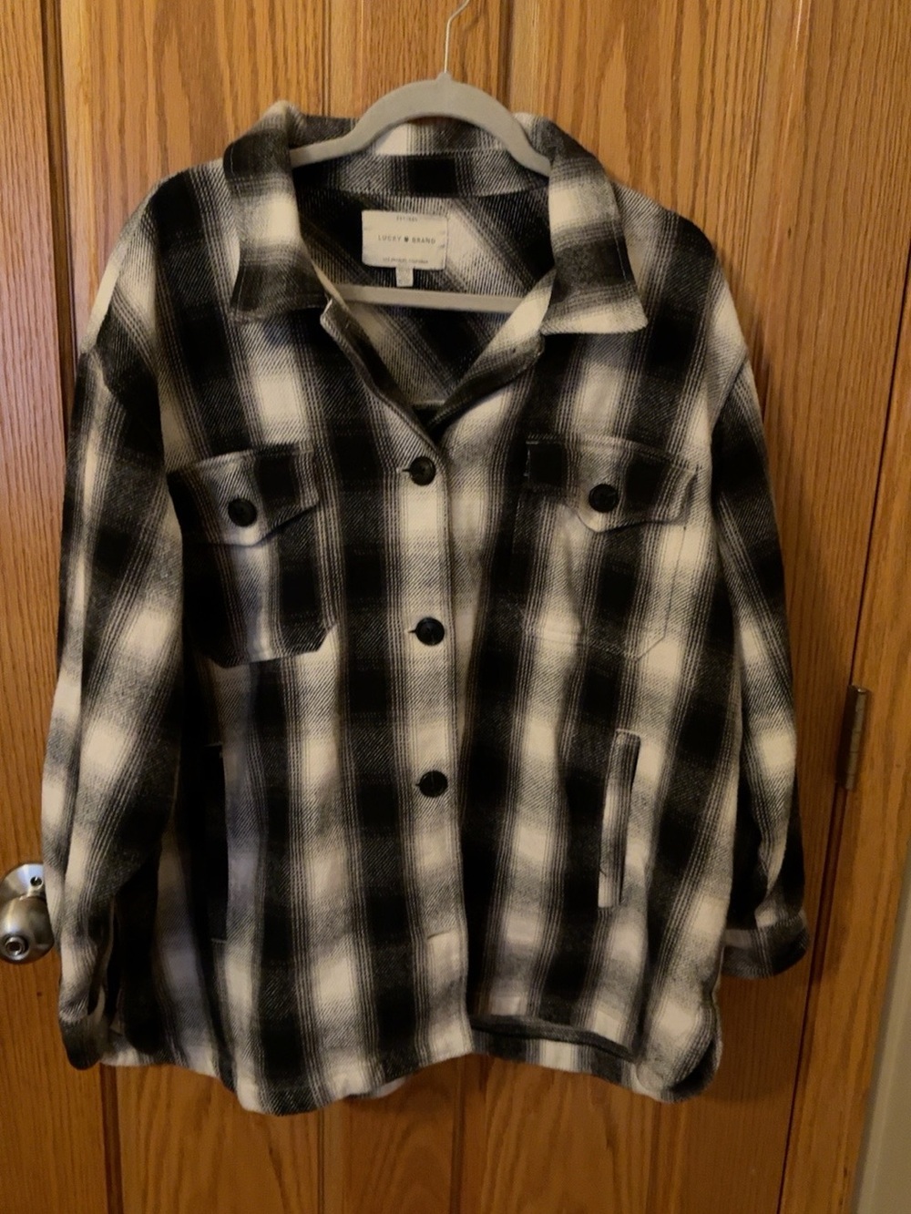 Lucky Brand Women’s XL 16 Black Cream Plaid Flannel Shacket 100% Cotton
